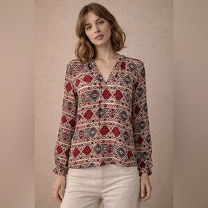 Tucker 100% silk Geometric print blouse XS boho long sleeve USA made